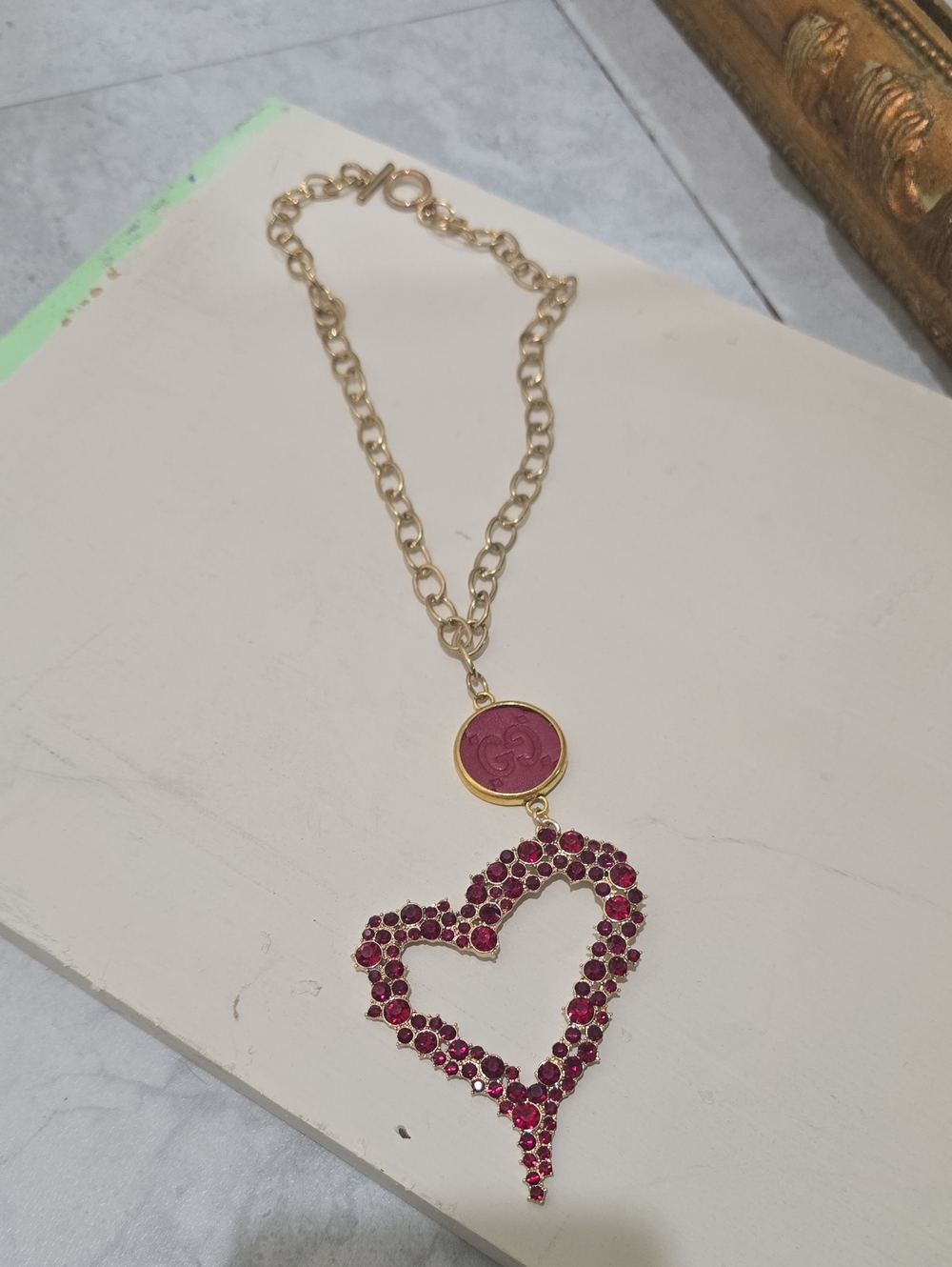 Gold Chain Necklace with Pink Heart Pendant